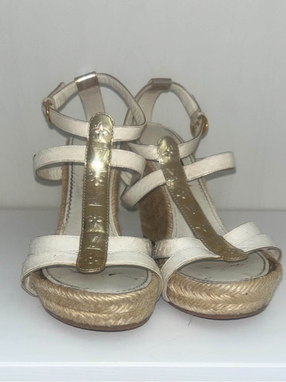 Louis Vuitton White and Gold Espadrille Wedge Sandals 6